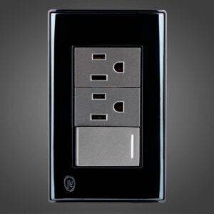 Interruptor conmutador más dos  receptáculos sencillos 2P + T